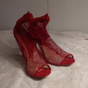 Bisou Bisou Red Mesh Open-Toe Heels